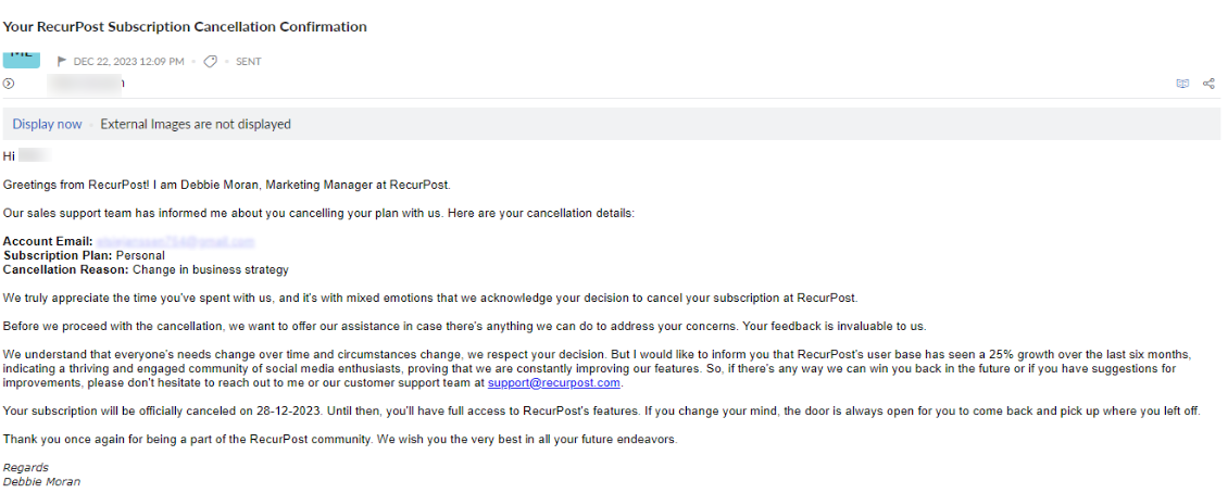 مثال على البريد الإلكتروني لإلغاء الطلب من ديبي موران