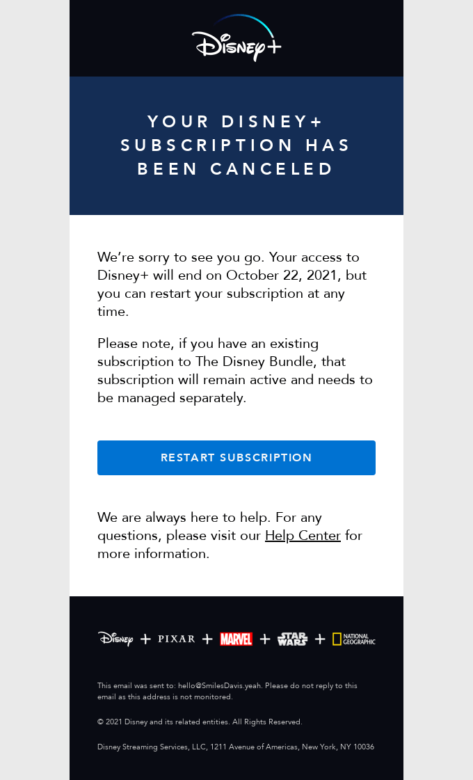 cancellation email example from Disney