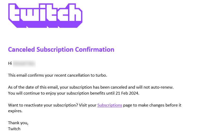 ejemplos de correos electrónicos de cancelación, Twitch Turbo