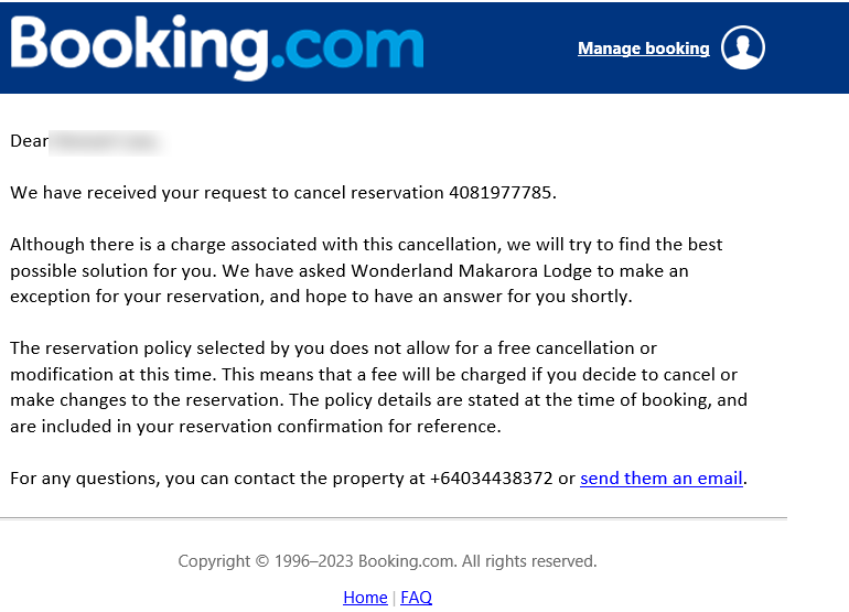 Ejemplo de correo electrónico de cancelación de Booking.com