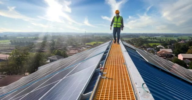 Técnico andando no telhado com painéis solares com luz solar ao fundo