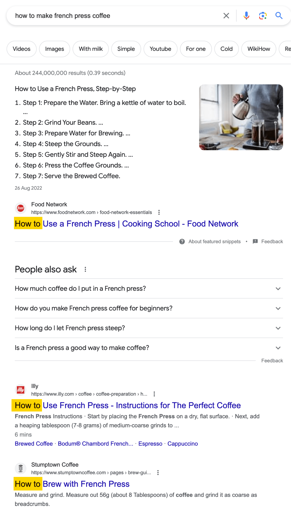 Google-zoekresultaten voor 'hoe maak je French Press Coffee' laten zien dat zoekers een handleiding willen