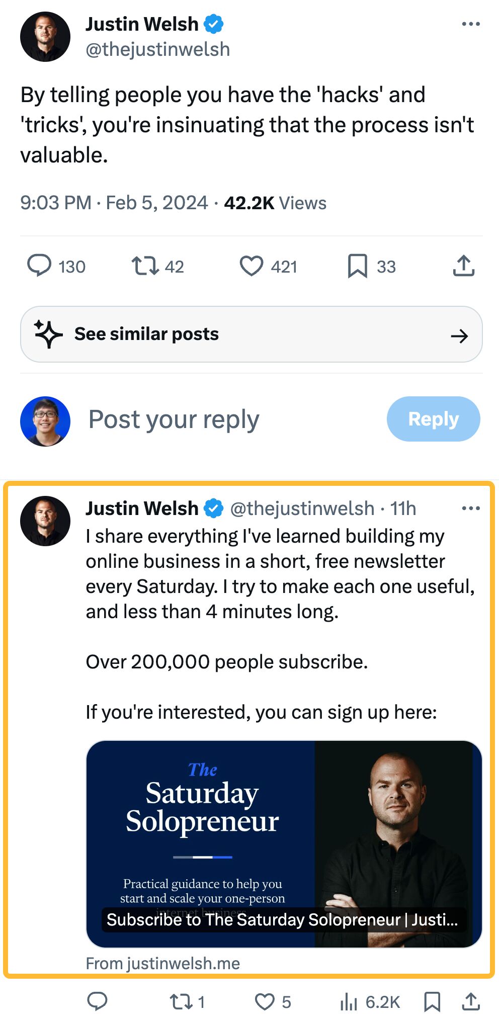 Tweet van Justin Welsh waarin hij mensen vraagt ​​zich te abonneren op zijn nieuwsbrief