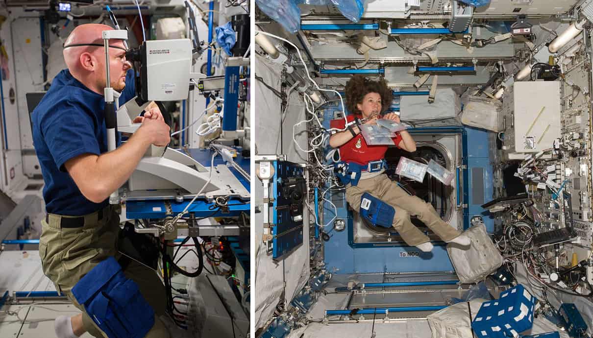Dos fotografías de astronautas en la estación espacial internacional: una mirando una cámara de examen ocular, la otra flotando en herramientas de gravedad cero, con objetos atados a su cuerpo.