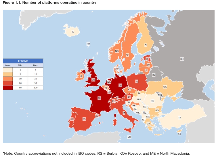 تقرير سوق التمويل الجماعي الأوروبي لعام 2023 عدد المنصات العاملة حسب الدولة - الوضع الحالي للتمويل الجماعي في أوروبا تقرير السوق لعام 2023