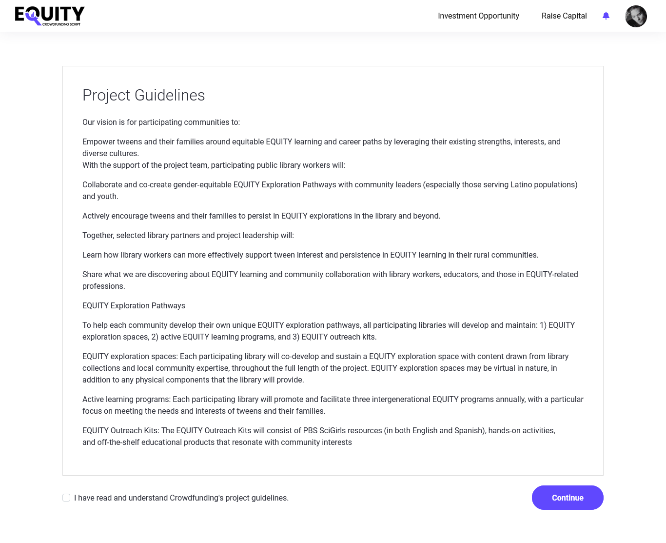 Project guidelines in the crowdfunding software.