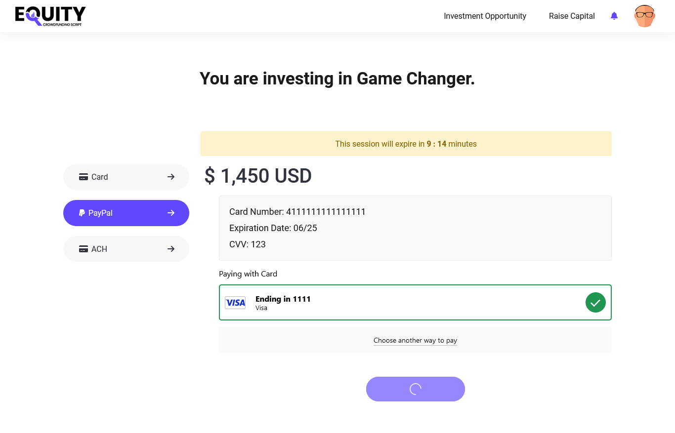 Ingrese los datos de PayPal para realizar el pago de la inversión en el software de crowdfunding.
