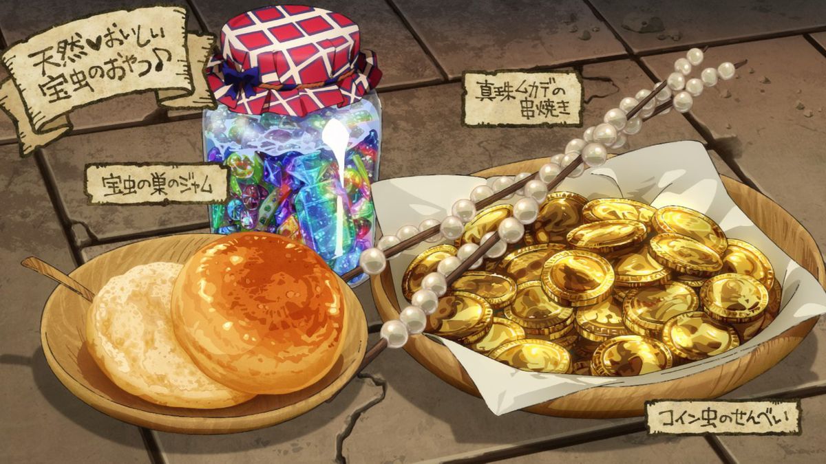Un tarro de mermelada confitada, galletas doradas, brochetas de perlas y un par de bollos de pan.