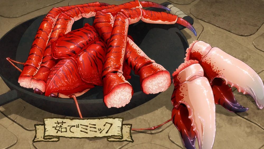 A skillet filled with bright red crab-like legs and claws.