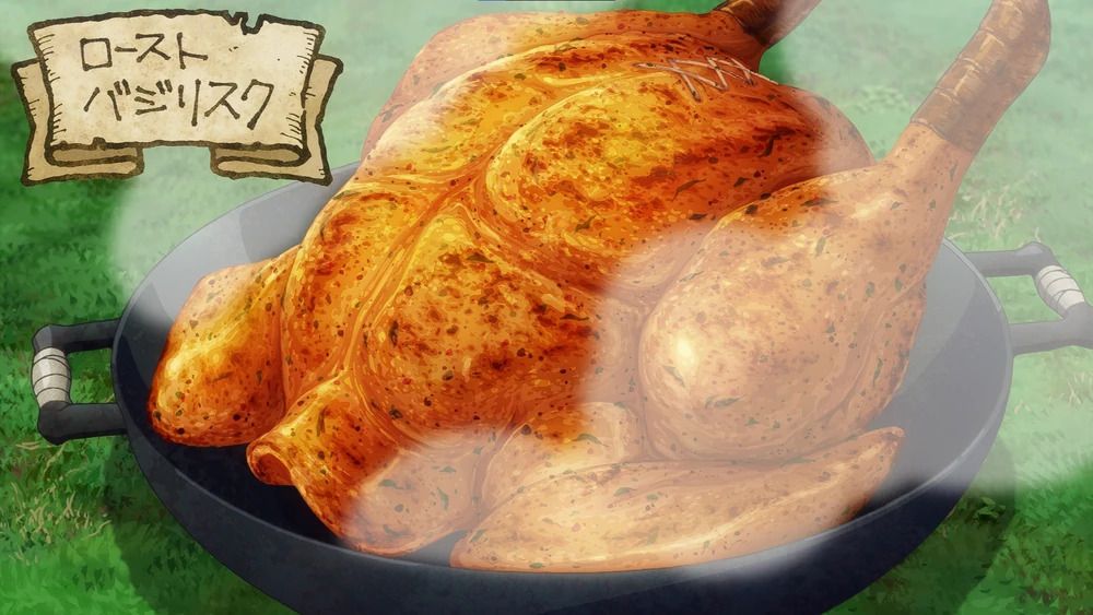 A roast basilisk resembling a rotisserie chicken steaming in a large skillet.