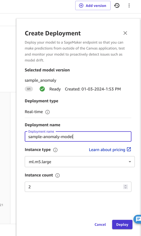 An appication window showing the configuration of a model deployment. Settings shown are a machine size ml.m5.large and a deployment name of sample-anomaly-model.