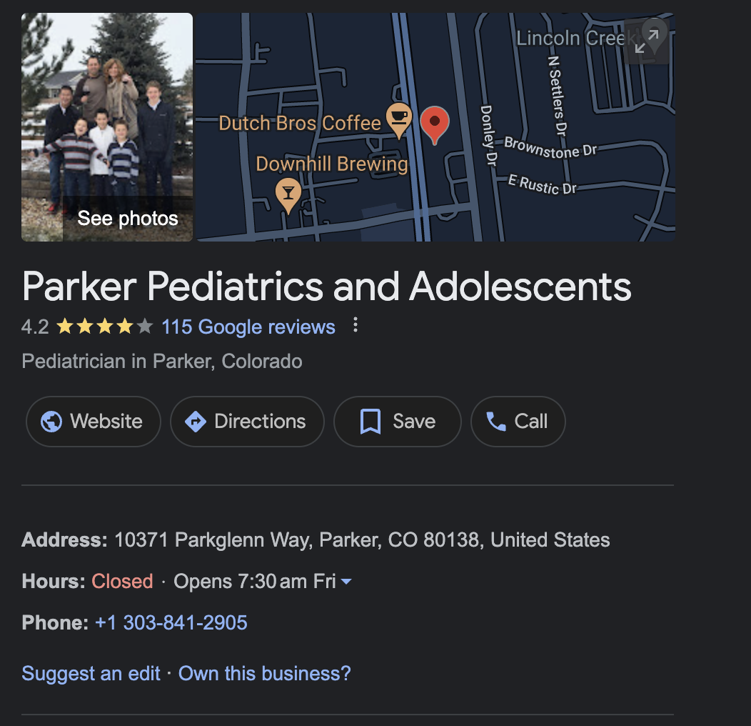 Perfil comercial do Google da Parker Pediatrics and Adolescents