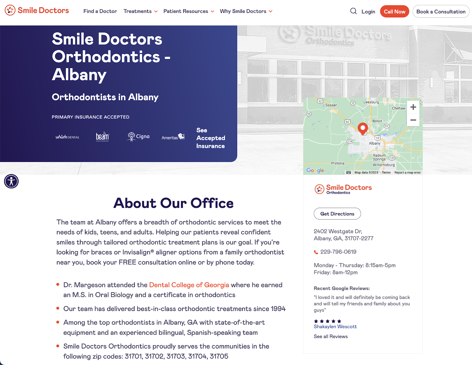 Smile Doctors の場所のランディング ページ