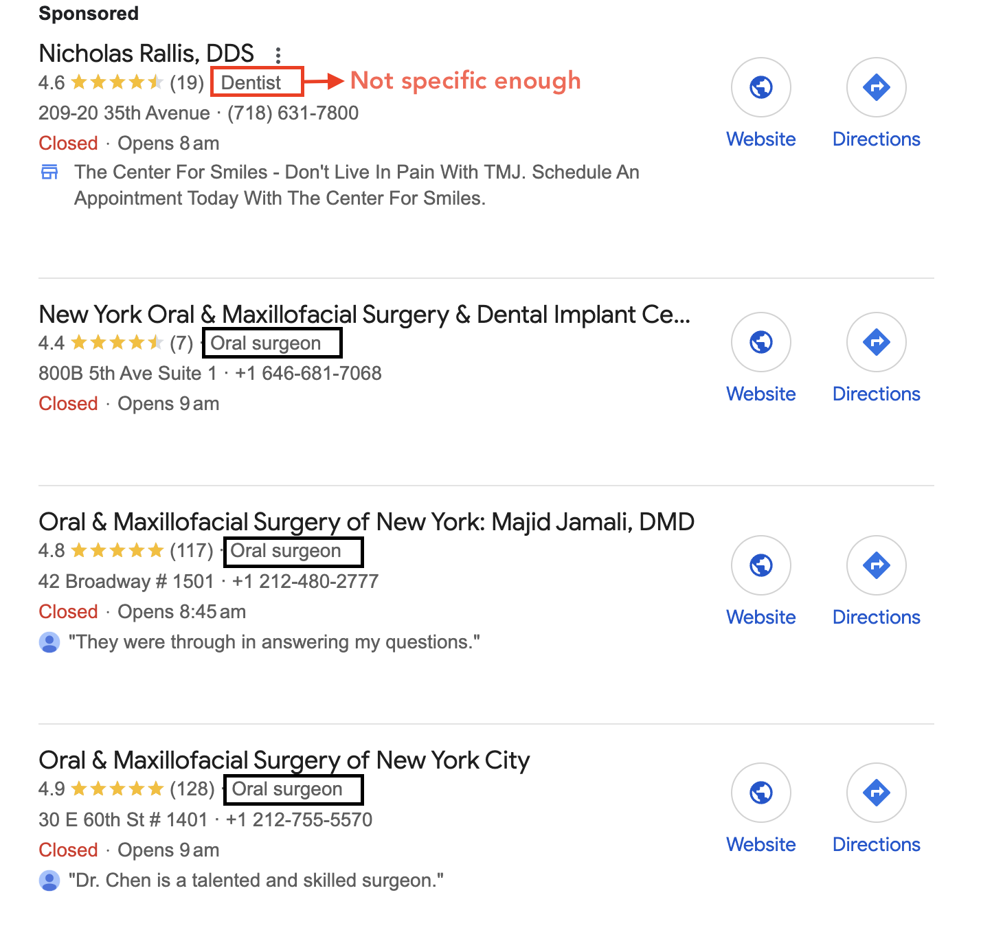 Google-bedrijfsprofielresultaten voor kaakchirurg in New York