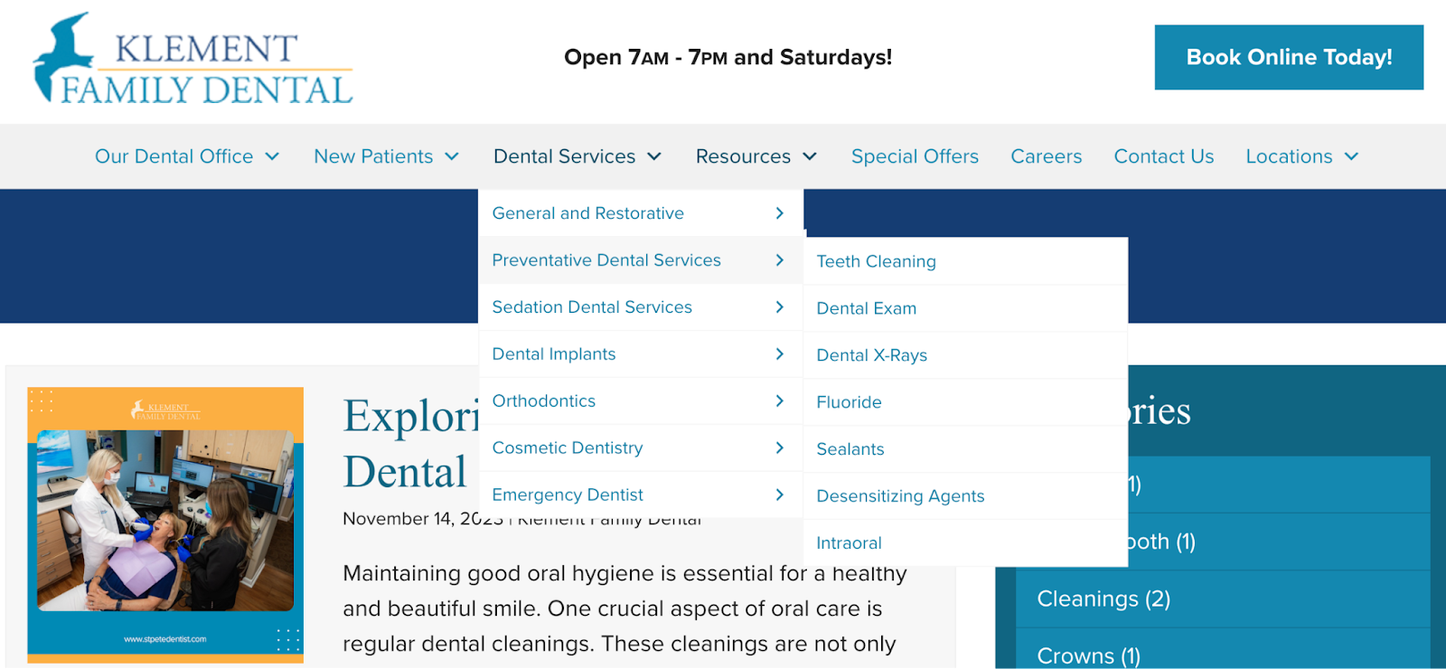 Arquitectura del sitio web de Klement Family Dental