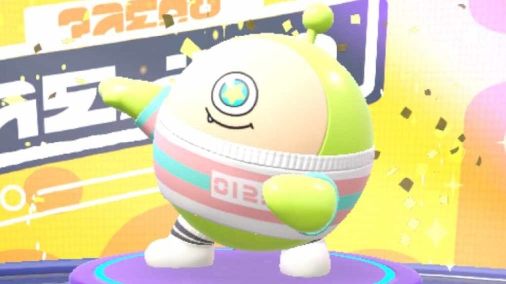 明るい黄色の背景の前で表彰台に立つ「Eggy Party」のキャラクター。