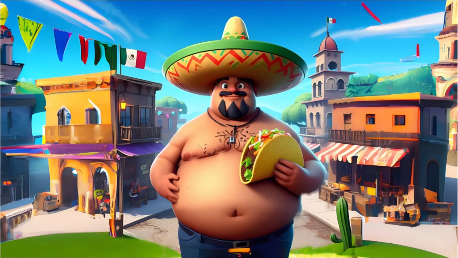 Een racistische foto van een Mexicaanse man die een taco vasthoudt en een sombrero draagt, geüpload naar Fortnite.