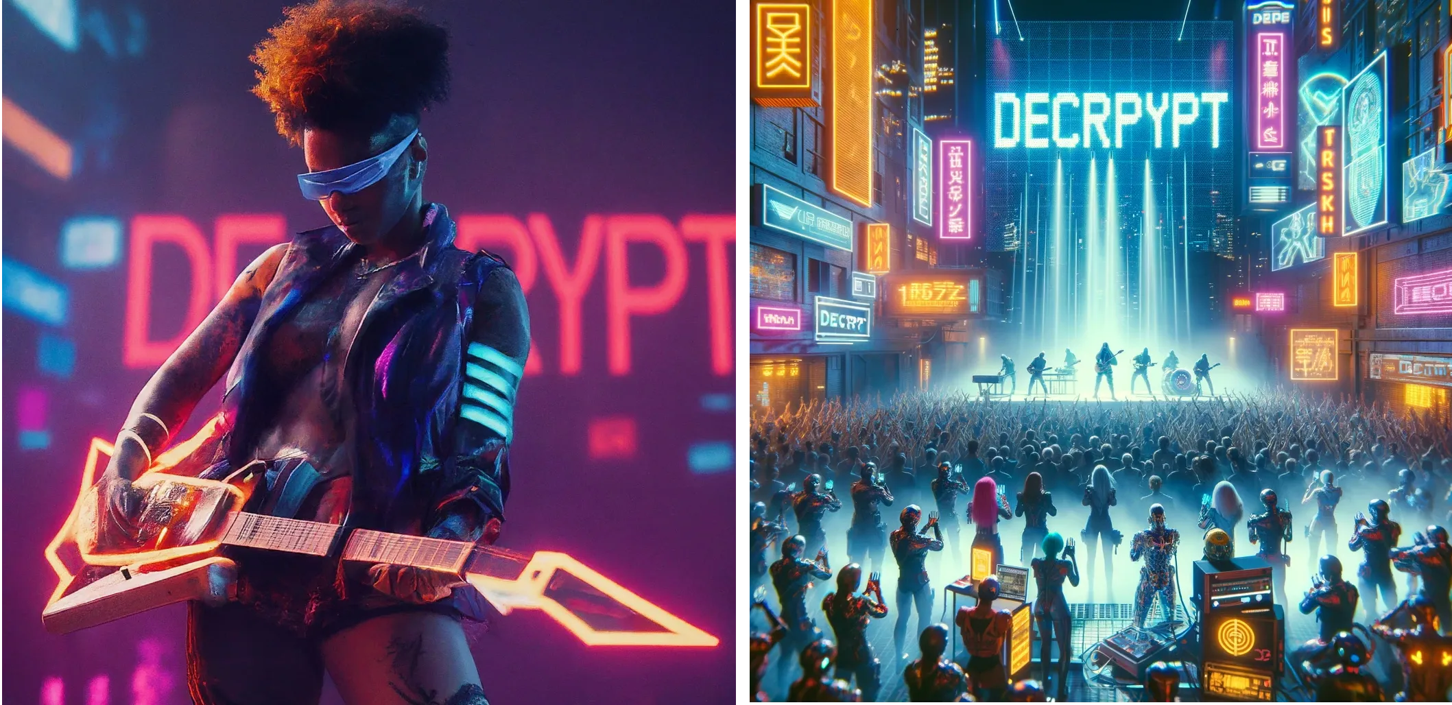 Artista futurista cyberpunk se apresentando no palco com a palavra "DECRYPT" em luzes neon ao fundo. Gêmeos (esquerda) vs ChatGPT Plus (direita)