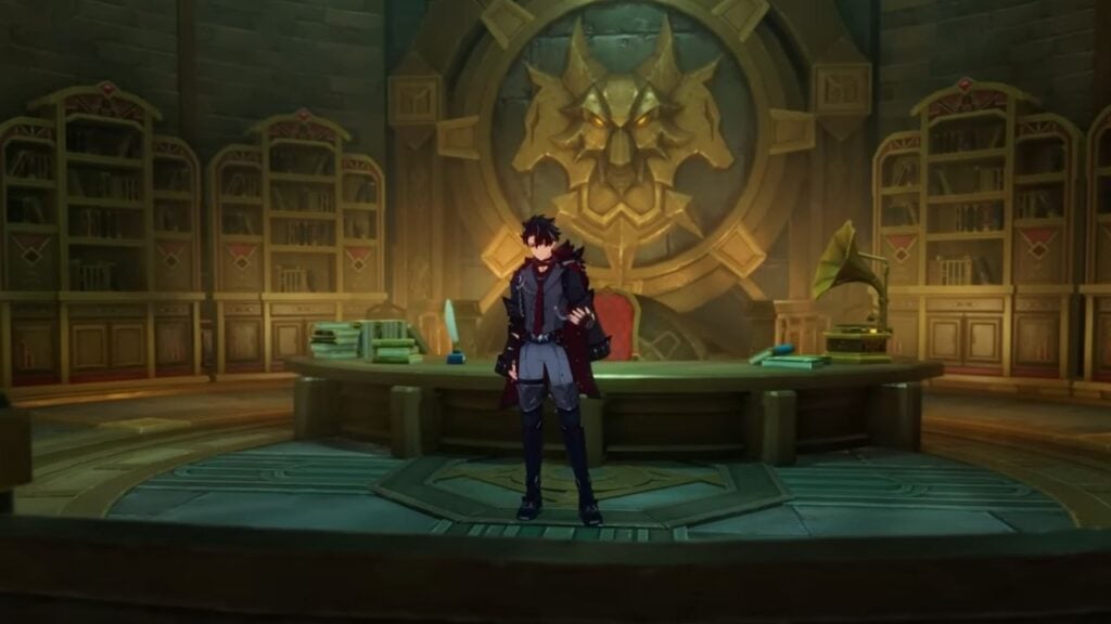 Feature-afbeelding voor onze Genshin Impact Wriothesley-niveaulijst. Het toont een in-game scherm van het personage dat in een rond kantoor staat, met een groot bronzen Cerberus-achtig insigne achter hem.