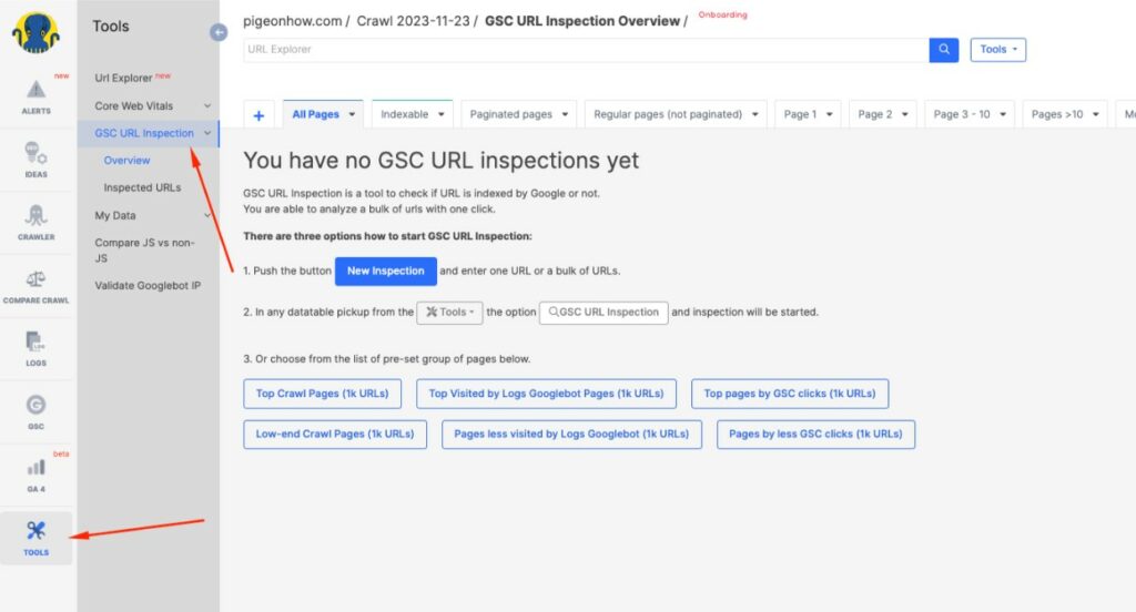 Inspección de URL de GSC en JetOctopus