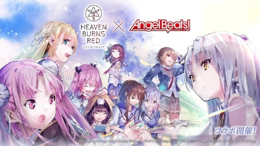 Heaven Burns Red x Angel Beats'taki yeni yayınımızın öne çıkan görseli! Oyundan ve Kanade ve Yuri gibi anime serisinden bir grup karakter içeriyor.