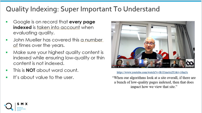 Quality indexing slide from Glenn Gabe's SMX presentation.