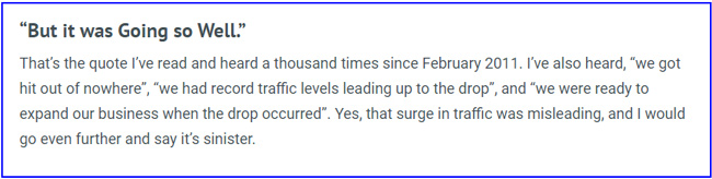 Quote from Glenn Gabe's post about the sinister surge in traffic before and algorithm update hit.