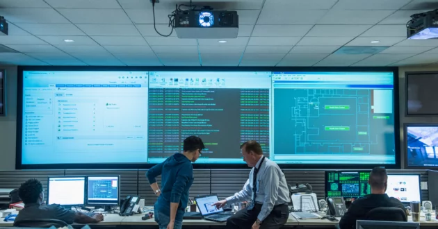 Vier Cybersicherheitsexperten arbeiten im Kontrollraum zusammen