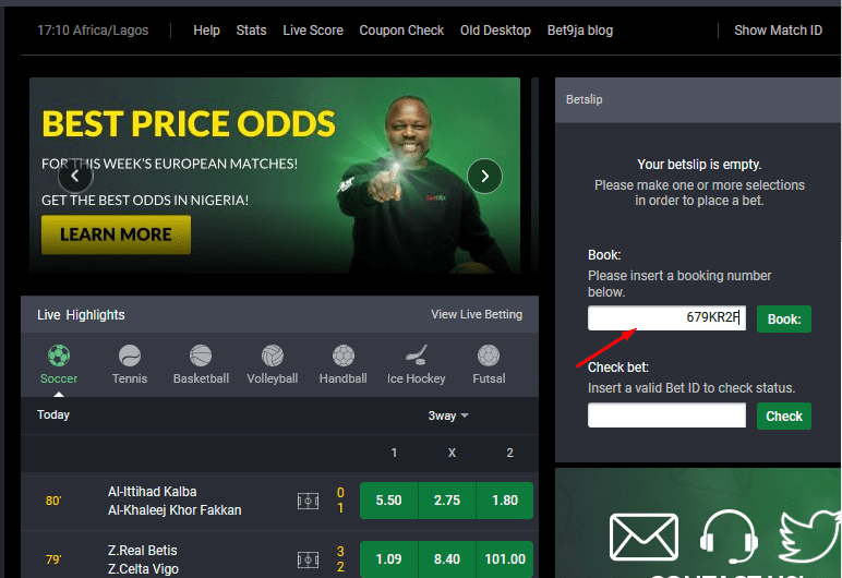 booking code search bar on bet9ja