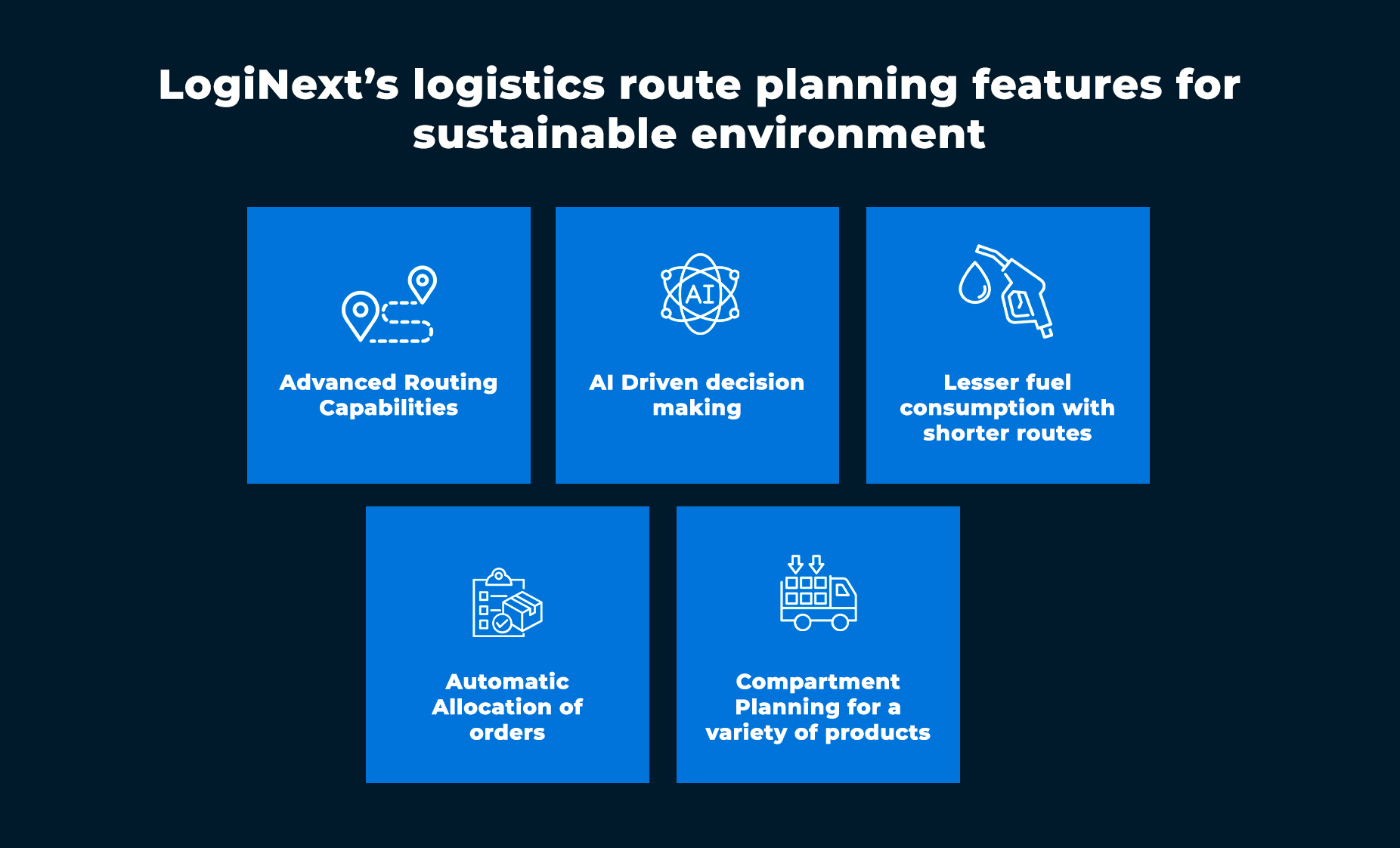 Functies aangeboden door LogiNext voor logistieke routeplanning en optimalisatie