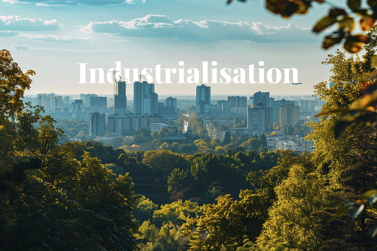 Industriens karbonavtrykk_ Landskapsvisning av en storby_visuelt 1