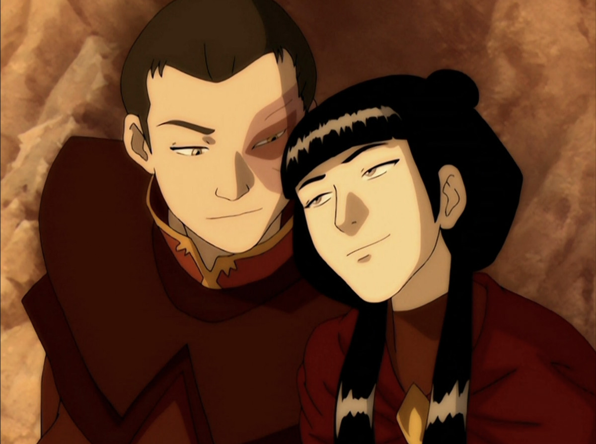 Mai leaning on Zuko’s shoulder, with both of them beaming at each other
