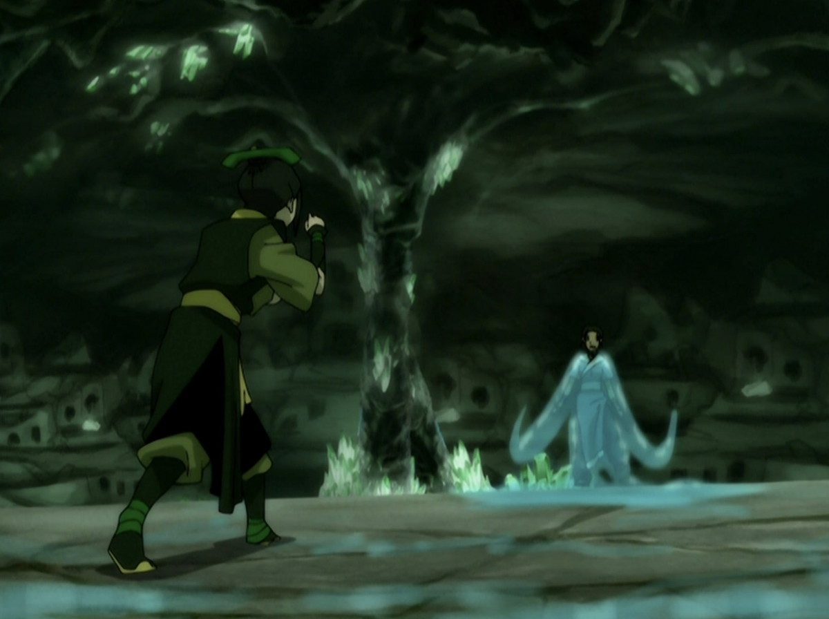 Azula in a stance to fight Katara, who’s encased in water