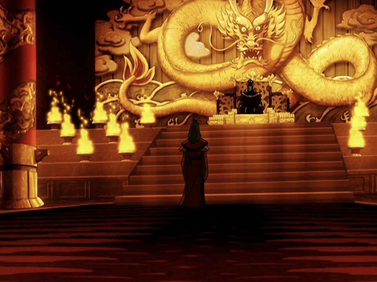 Avatar Roku stands in front of Fire Lord Sozin