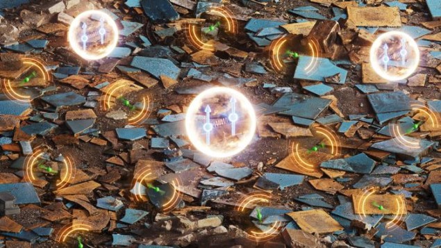 Bilde som viser par av terbiumioner representert som prikker med spinnpiler omsluttet av glødende beskyttende kuler, mot en rotete bakgrunn av ødelagte metallbiter