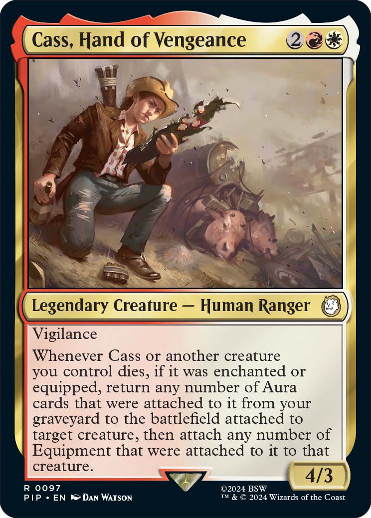Cass, Hand of Vengeance, a Magic: the Gathering card categorized as a Legendary Creature - Human Ranger. “Whenever Cass or another creature you control dies, if it was enchanted or equipped, return any number of Aura cards that were attached to it from your graveyard to the battlefield attached to target creature, then attach any number of Equipment that were attached to it to that creature.”