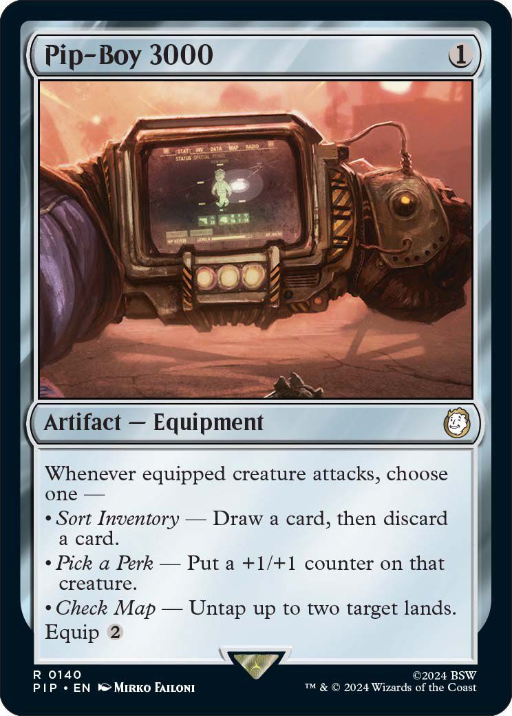 The Pip-Boy 3000, an iconic piece of Fallout equipment, made into a Magic: the Gathering Card for the upcoming Scrappy Survivors crossover deck.