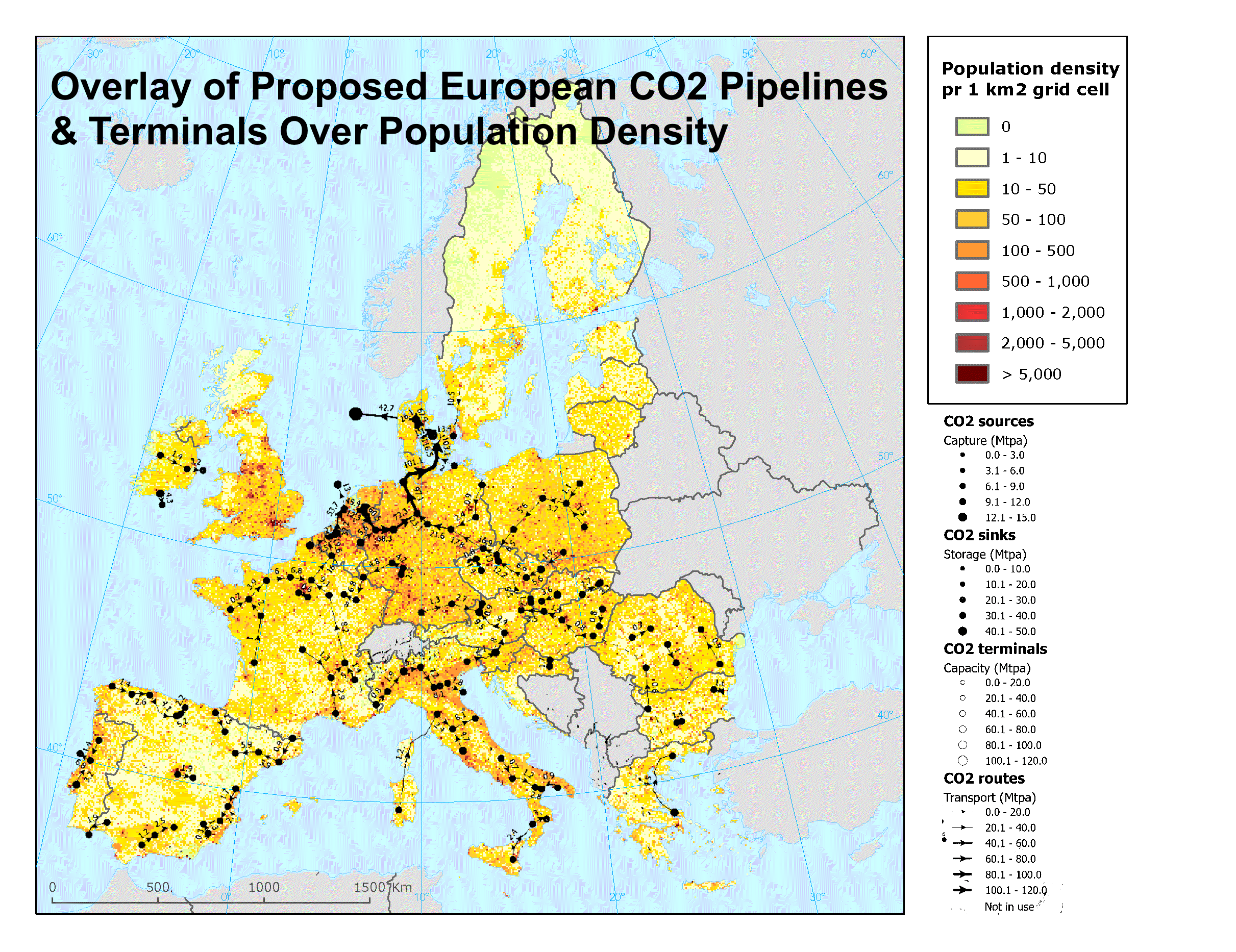 著者によるヨーロッパの人口密度の地図上に提案されているヨーロッパの CO2 パイプラインとターミナルを重ねたもの