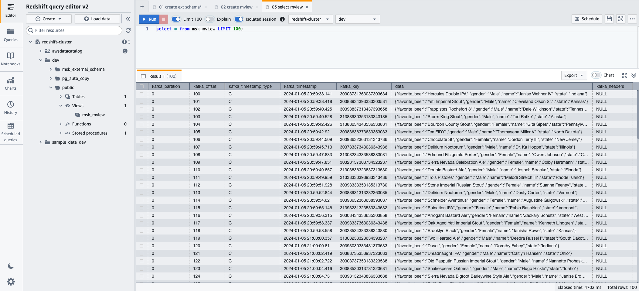 redshift query editor v2 showing the SQL statement used to query the materialized view