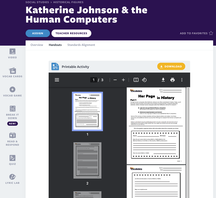 Katherine Johnson Flocabulary lesson  printable handouts