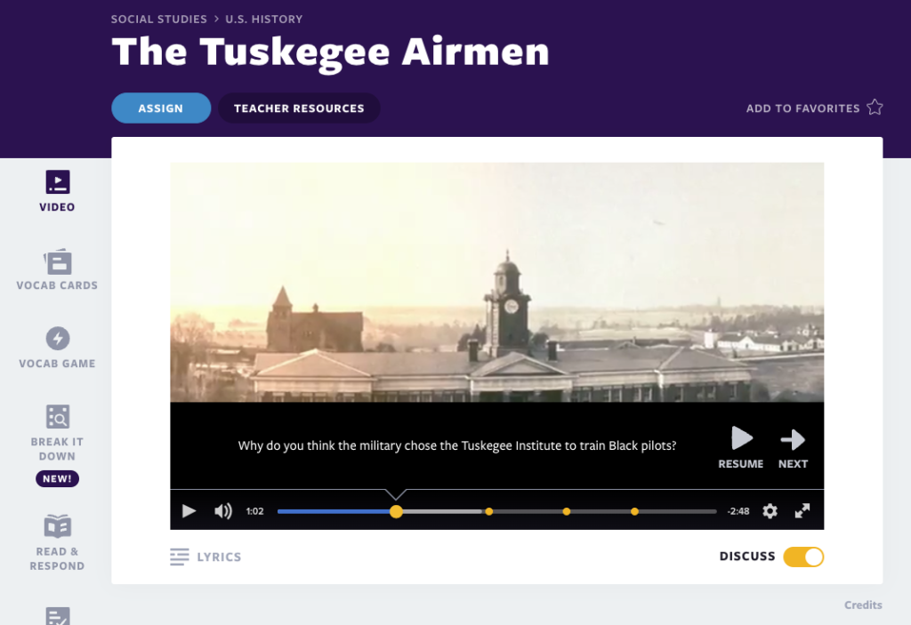 La leçon vidéo de Tuskegee Airmen avec le mode Discussion