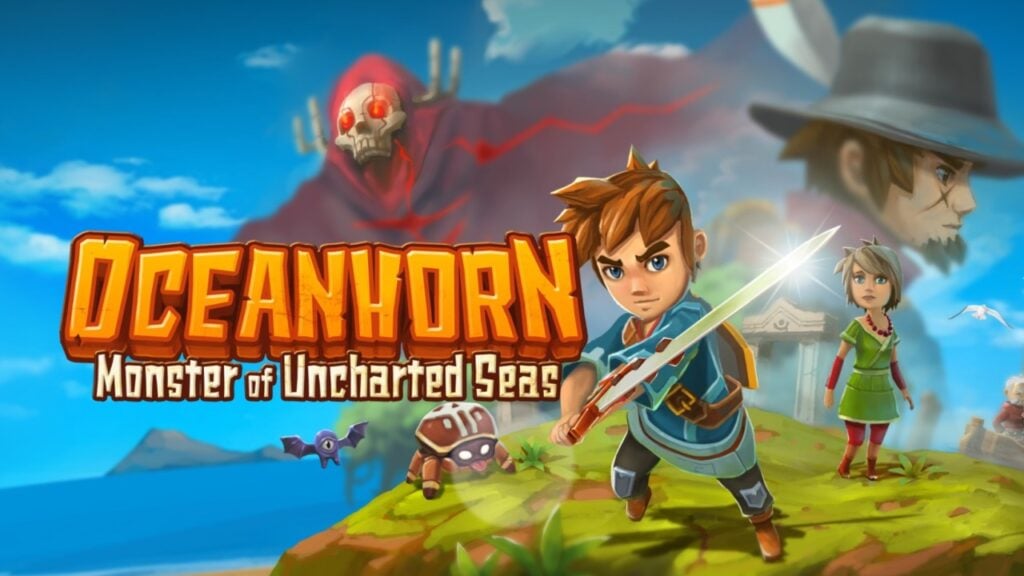 캐릭터 명단이 등장하는 Oceanhorn 게임의 홍보 이미지. 주인공은 앞과 중앙에 있고, 사이드 캐릭터와 예상되는 적대자는 그리 멀지 않은 곳에 서 있습니다.