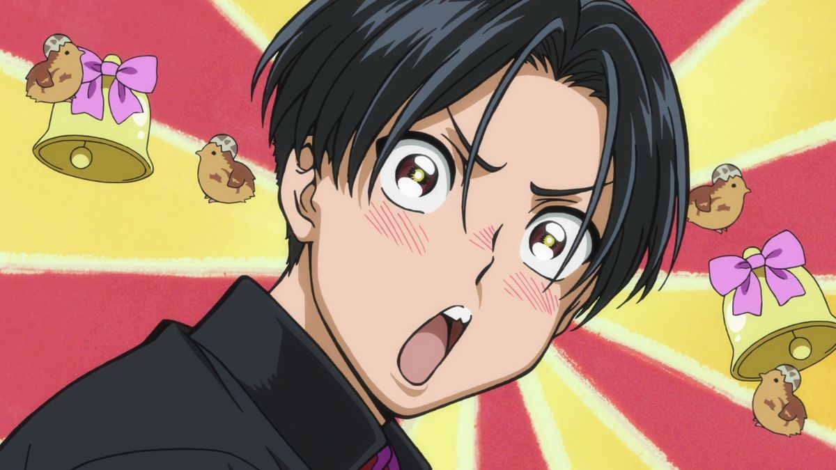 Eine Nahaufnahme eines schwarzhaarigen Anime-Jungen, der errötet, mit Glöckchen mit rosa Bändern und Hühnerbabys, die sein Gesicht umgeben.