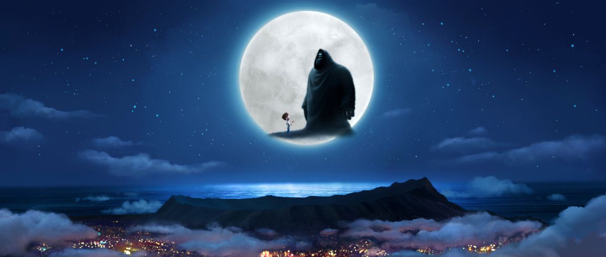 Une imposante créature des ténèbres et un petit garçon se tiennent sur un nuage et regardent une immense pleine lune