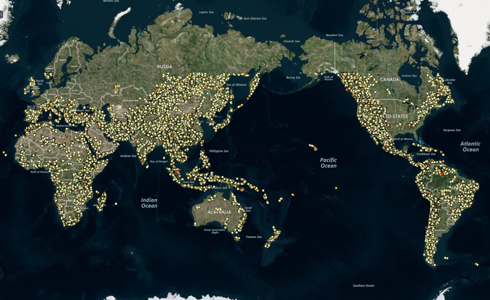 Wereldkaart van de Australian National University met gepompte waterkrachtbronnen