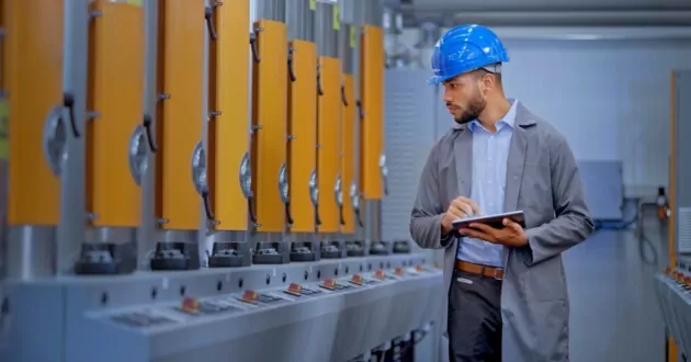Ingenieur die digitale tablet gebruikt in de fabriek