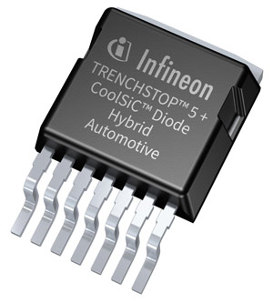 Infineon’s new CoolSiC hybrid discrete with TRENCHSTOP 5 Fast-Switching IGBT and CoolSiC Schottky diode in a D2PAK package, combining TRENCHSTOP 5 IGBTs with half-rated free-wheeling SiC Schottky barrier diodes. 