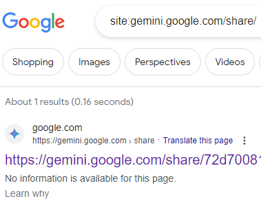 Schermafbeelding van de zoekresultaten van Google voor pagina's die zijn geïndexeerd vanuit het Google Gemini-chatsubdomein