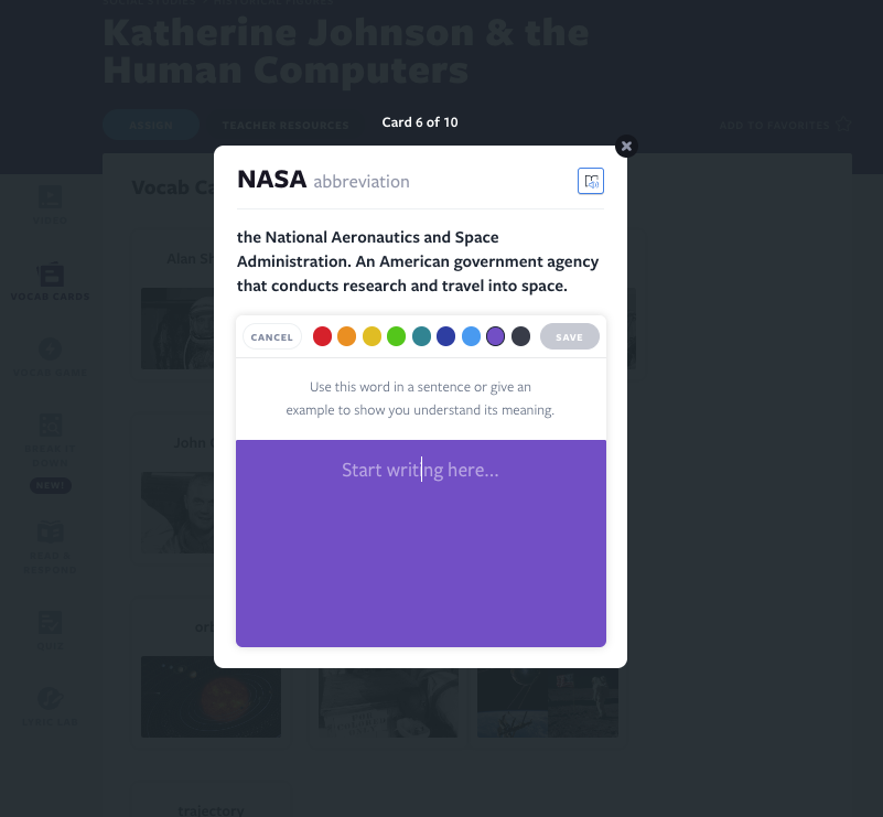 Katherine Johnson & the Human Computers Vocab Card NASA