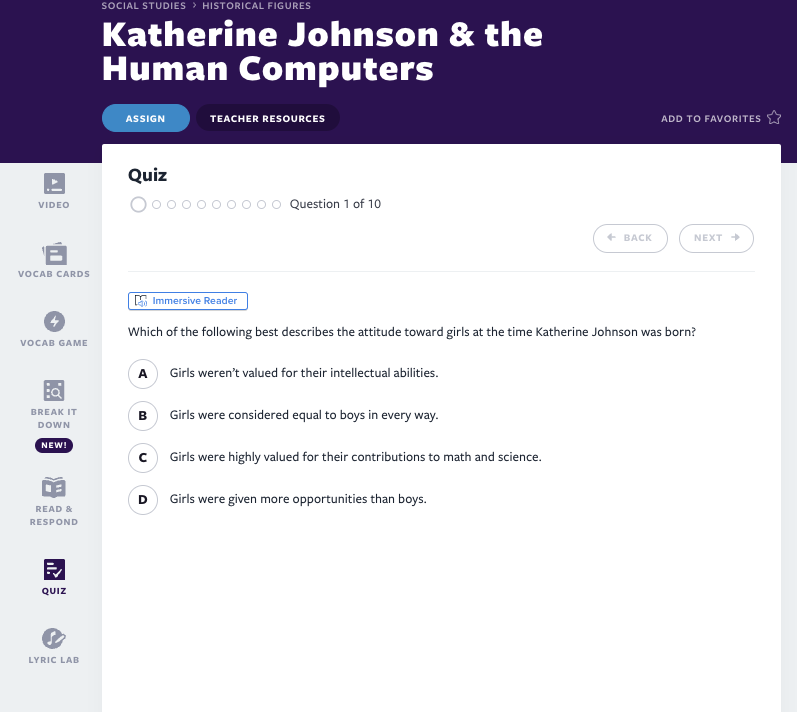 Katherine Johnson & the Human Computers Quiz